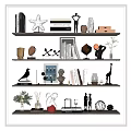 Decorative Ornament Set with Books Sculptures Plants and Animal Figurines on Shelf
