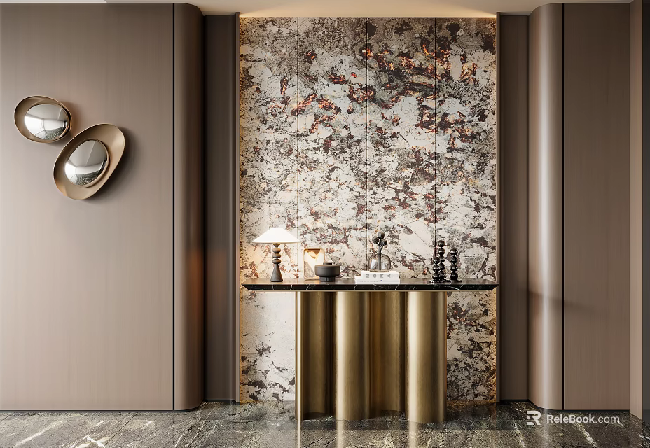 Modern Luxury Entryway With Floral Mural Wallpaper Golden Column Console Table And Decorative Items 3d model 