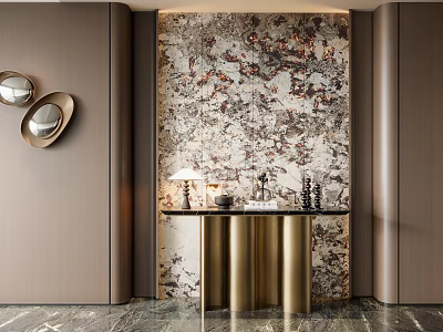 Modern Luxury Entryway With Floral Mural Wallpaper Golden Column Console Table And Decorative Items 3d model