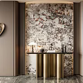 Modern Luxury Entryway With Floral Mural Wallpaper Golden Column Console Table And Decorative Items