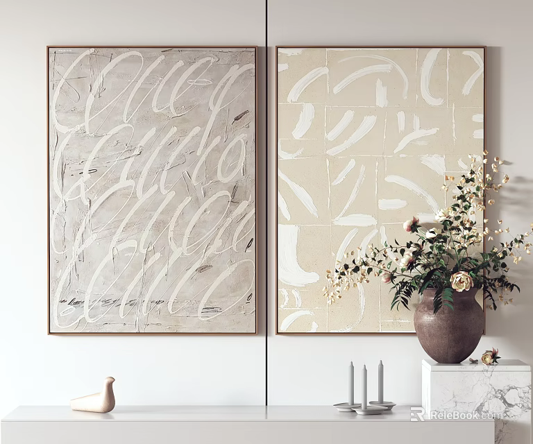 Abstract Wall Art Decor With Two Paintings Vase Flowers And Decorative Items 3d model