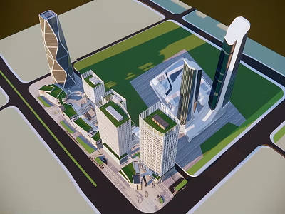 Modern Commercial Complex With High Rise Buildings Green Spaces And Urban Layout 3d model