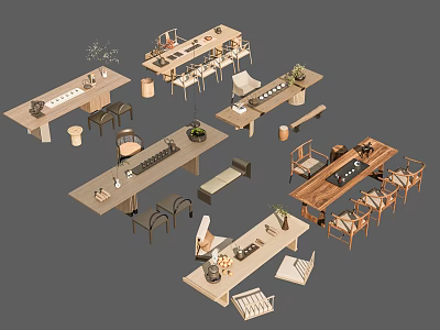 Modern Simple Tea Table And Chairs With Natural Wood Design And Decorative Plants 3d model