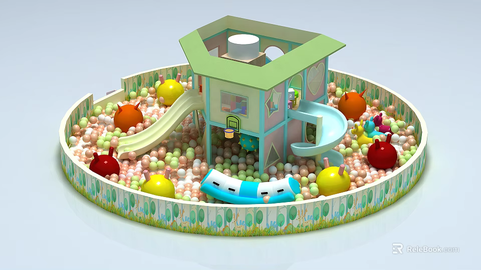 Kids Playground Equipment with Circular Ball Pit Colorful Balls Slide and Small House Structure 3d model 