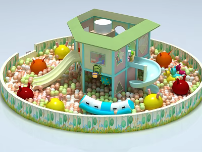 Kids Playground Equipment with Circular Ball Pit Colorful Balls Slide and Small House Structure 3d model