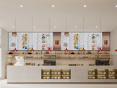 Modern Restaurant Interior With Large Menu Board Service Counter Shelves And Hanging Lights 3d model