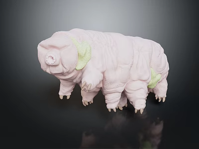 Pink Tardigrade Model With Wrinkled Body And Green Accents On Dark Surface 3d model