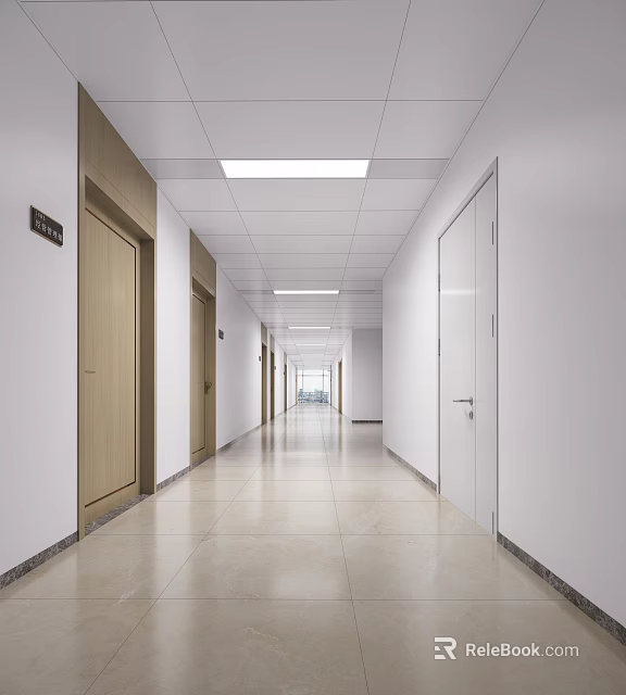 Modern Office Corridor Design With Bright Ceiling Lights And Tiled Floors 3d model