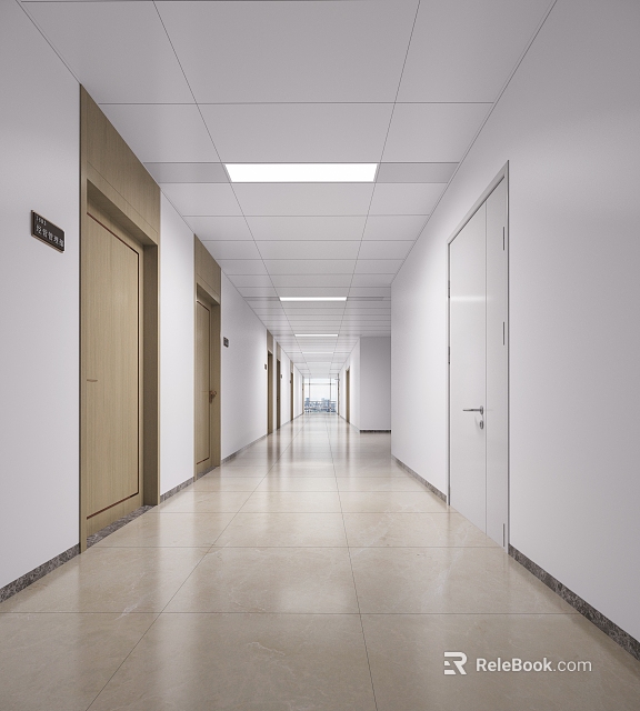 Modern Office Corridor Design With Bright Ceiling Lights And Tiled Floors 3d model 