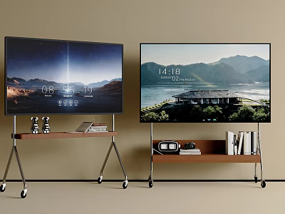 Two Modern TVs on Rolling Stands with Books Decor and Scenic Mountain Lake Displays 3d model