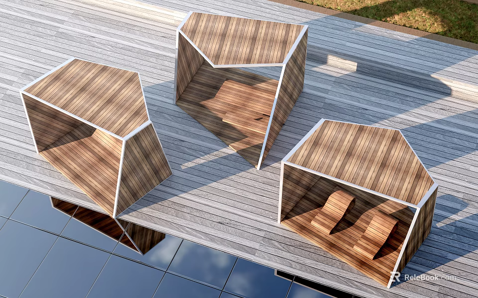 Outdoor Garden Decorative Wooden Hexagonal Seating Structures On Deck 3d model