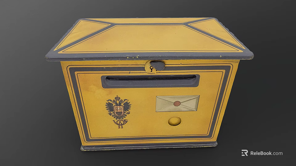 Vintage Yellow Decorative Mailbox With Black Trim Geometric Top Emblem Envelope Design And Lock 3d model 