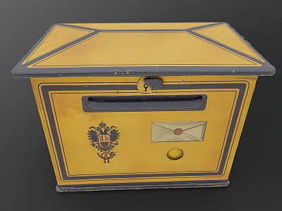 Vintage Yellow Decorative Mailbox With Black Trim Geometric Top Emblem Envelope Design And Lock 3d model