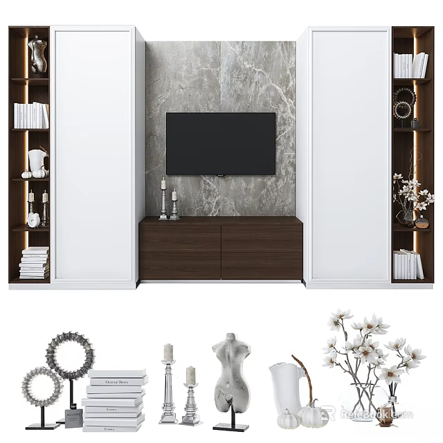 Marble TV Wall Design With Dark Wood Cabinet White Shelves And Decorative Items 3d model 