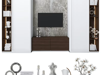 Marble TV Wall Design With Dark Wood Cabinet White Shelves And Decorative Items 3d model