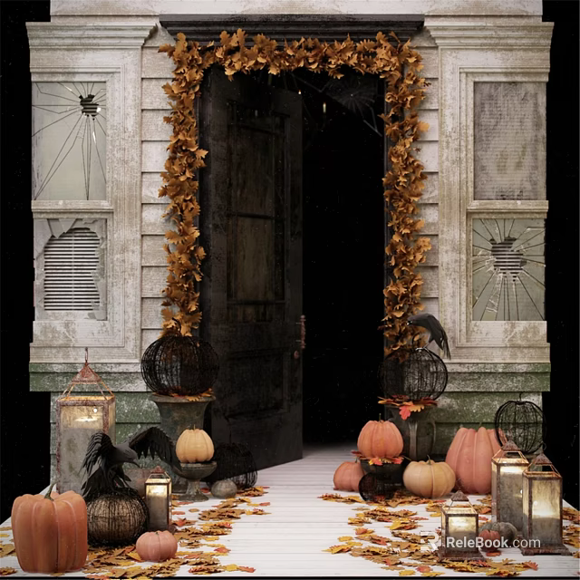 Halloween Decorated Front Door with Golden Autumn Leaf Garlands Pumpkins Lanterns and Crow Decorations 3d model 