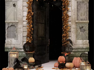 Halloween Decorated Front Door with Golden Autumn Leaf Garlands Pumpkins Lanterns and Crow Decorations 3d model