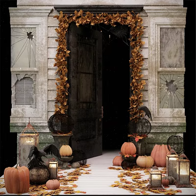 Halloween Decorated Front Door with Golden Autumn Leaf Garlands Pumpkins Lanterns and Crow Decorations 3d model