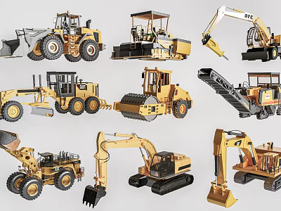 Various Construction Vehicle Toy Models Featuring Bulldozer Excavator Road Roller And Loader Designs 3d model