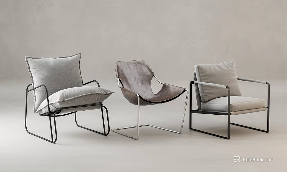 Three Modern Leisure Chairs With Metal Frames And Mixed Fabric Leather Seats 3d model 