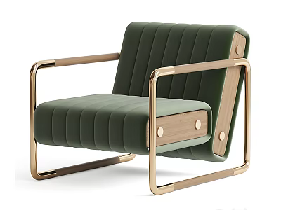 Green Velvet Leisure Chair With Gold Metal Frame And Vertical Tufted Design 3d model