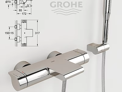 GROHE Wall Mounted Shower Faucet Technical Design Chrome Finish With Dual Handles And Handheld Shower 3d model