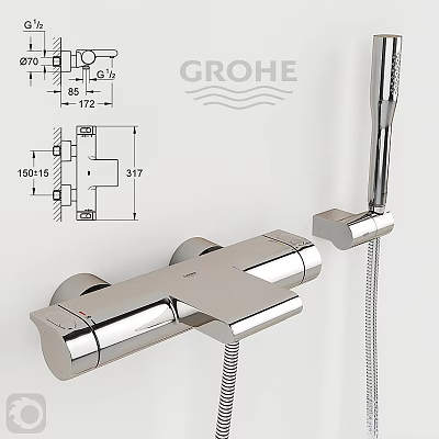 GROHE Wall Mounted Shower Faucet Technical Design Chrome Finish With Dual Handles And Handheld Shower 3d model