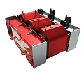 Industrial Electrical Equipment with Red Modules Black Connectors and Copper Elements in Metal Frame