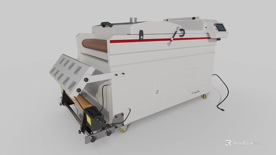 Industrial Conveyor Processing Machine With White Body Red Stripe Brown Belt Control Panel And Wheels 3d model