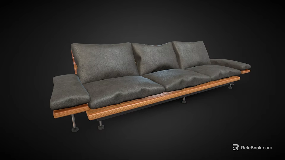 Modern Three Seater Sofa With Gray Cushions Wooden Frame And Metal Legs 3d model 