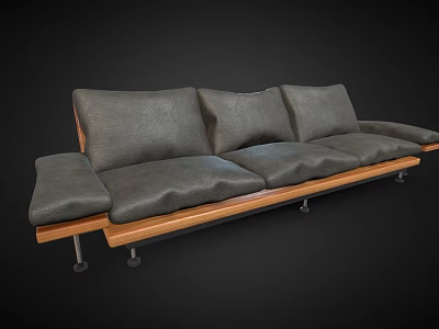 Modern Three Seater Sofa With Gray Cushions Wooden Frame And Metal Legs 3d model