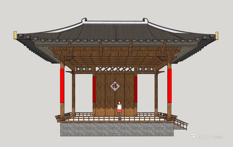 Traditional Chinese Pavilion Featuring Wooden Structure Black Tiled Roof Red Pillars And Person Standing 3d model 