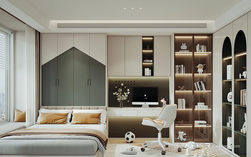 Tatami Bedroom Interior Design With Green Beige Wardrobe Desk Computer Chair Bookshelf Decorations And Lighting 3d model 