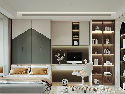 Tatami Bedroom Interior Design With Green Beige Wardrobe Desk Computer Chair Bookshelf Decorations And Lighting 3d model