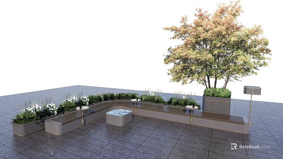 Modern Minimalist Outdoor Patio Seating Set With Table Green Plants And Gray Floor Tiles 3d model 