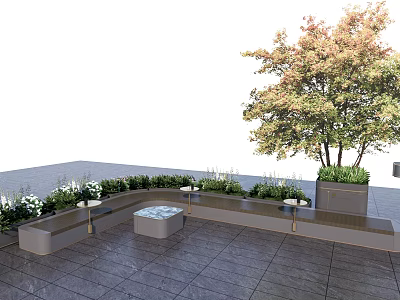 Modern Minimalist Outdoor Patio Seating Set With Table Green Plants And Gray Floor Tiles 3d model