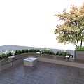 Modern Minimalist Outdoor Patio Seating Set With Table Green Plants And Gray Floor Tiles