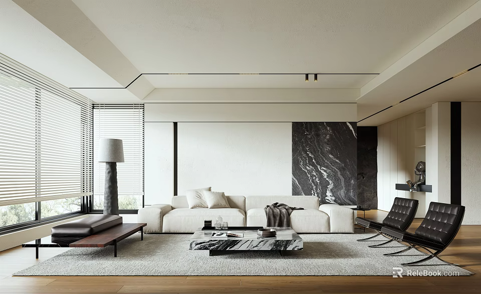 Modern Living Room Interior With White Sofa Marble Accent Wall Coffee Table And Area Rug 3d model 