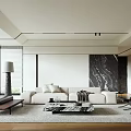 Modern Living Room Interior With White Sofa Marble Accent Wall Coffee Table And Area Rug