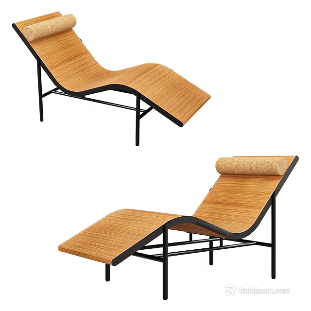Modern Curved Wooden Lounge Chair With Black Metal Frame And Rattan Cushion 3d model 