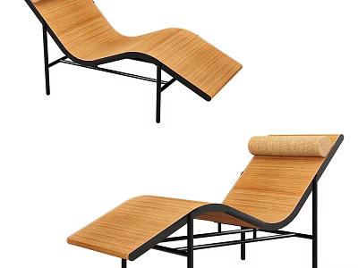 Modern Curved Wooden Lounge Chair With Black Metal Frame And Rattan Cushion 3d model