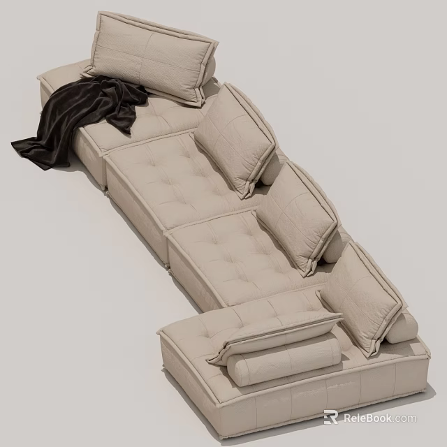 Comfortable Modern Beige Sectional Sofa With Tufted Cushions And Throw Blanket 3d model 