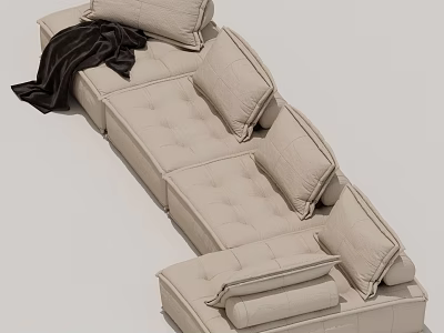 Comfortable Modern Beige Sectional Sofa With Tufted Cushions And Throw Blanket 3d model