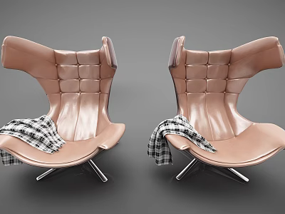 Two Modern Wingback Leather Leisure Chairs With Plaid Blanket And Metal Legs 3d model