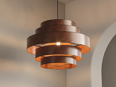 Modern Wooden Multi Layer Circular Chandelier Hanging In Room With Arch Design 3d model