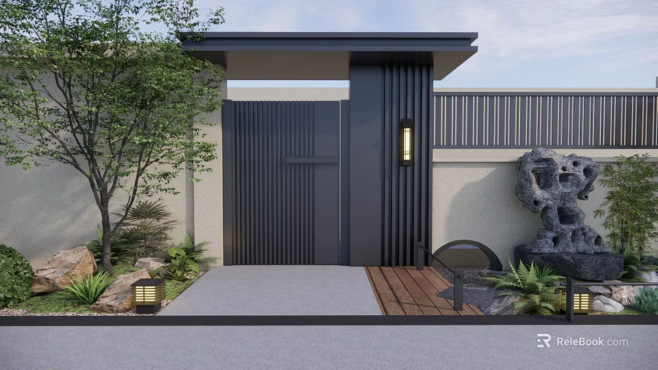 Modern Japanese Garden Landscape with Black Gate Stone Lantern and Green Plants 3d model 