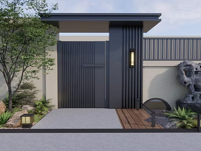 Modern Japanese Garden Landscape with Black Gate Stone Lantern and Green Plants 3d model