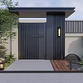 Modern Japanese Garden Landscape with Black Gate Stone Lantern and Green Plants