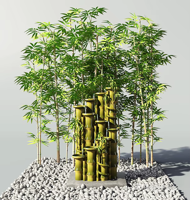 Tall Bamboo Plants With Green Leaves And Poles Structure Pebbles At Base 3d model 