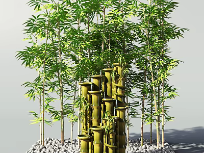 Tall Bamboo Plants With Green Leaves And Poles Structure Pebbles At Base 3d model